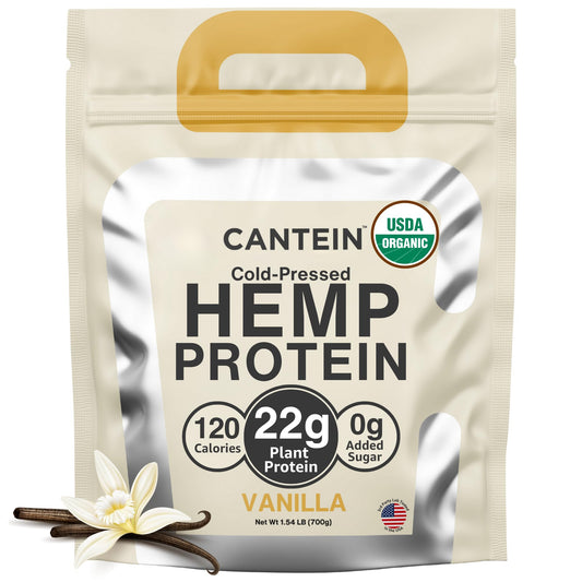 Cantein vanilla hemp protein pack shot highlights organic ingredients for a clean protein boost