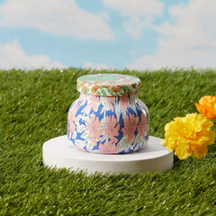 Capri Blue Pattern Play floral pattern on jar enhances tropical mood and brightens any room.