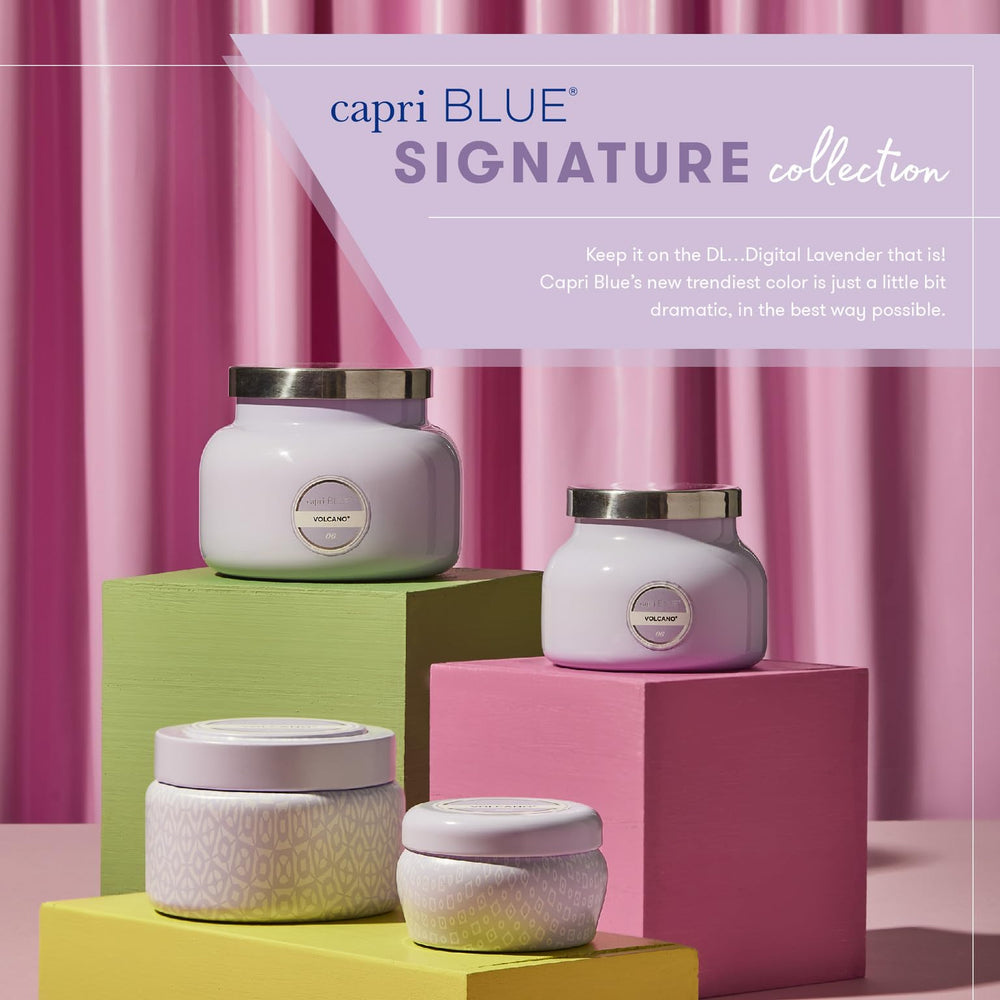 Capri Blue Volcano lavender jar label close-up, premium soy wax blend for clean burn.