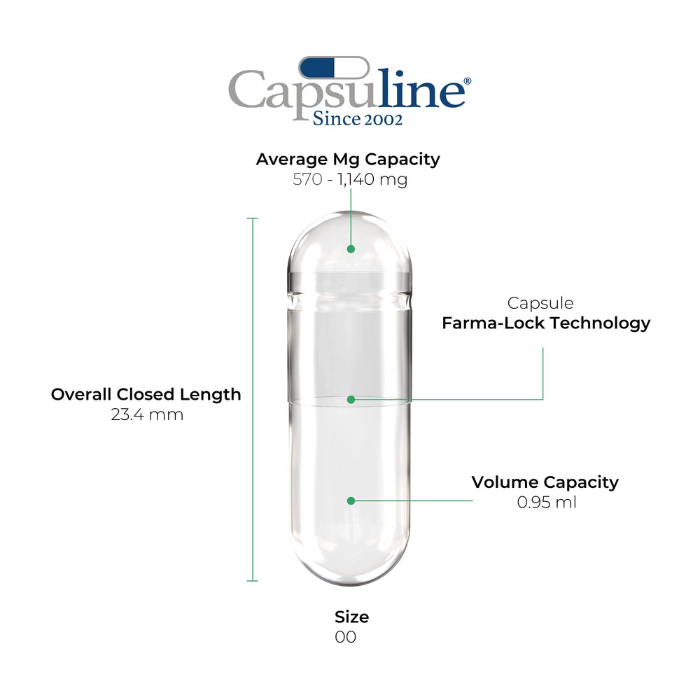 Close-up of Capsuline Size 00 clear capsules ready for filling