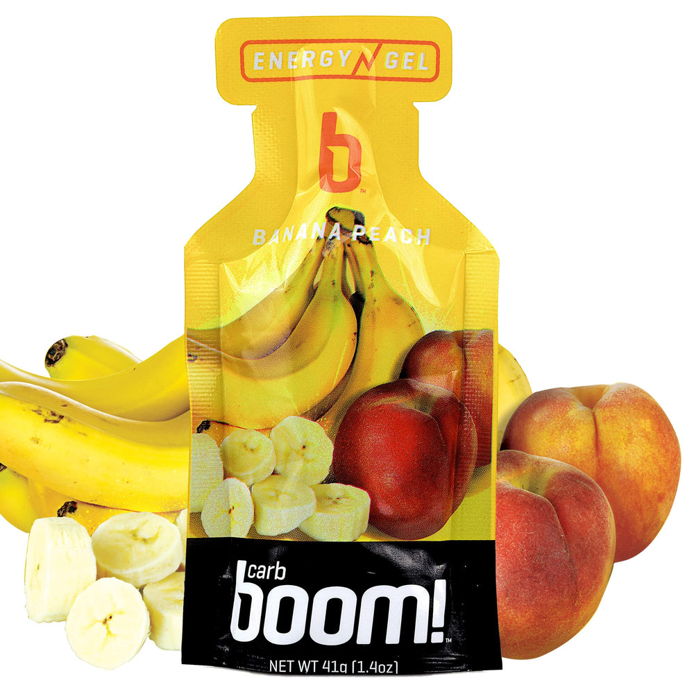 Carb Boom Banana Peach energy gel front view for cycling fueling
