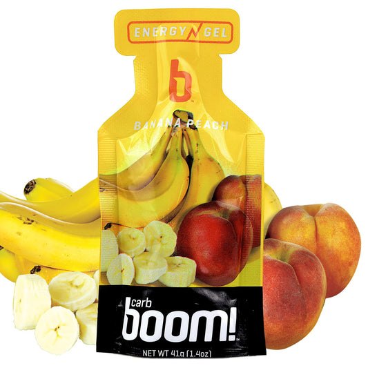 Carb Boom Banana Peach energy gel front view for cycling fueling