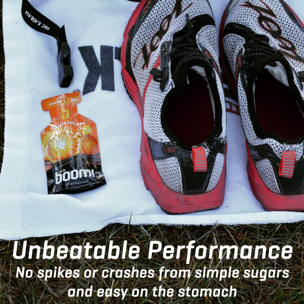 Carb Boom Raspberry gel pouch in pocket ready for a run.