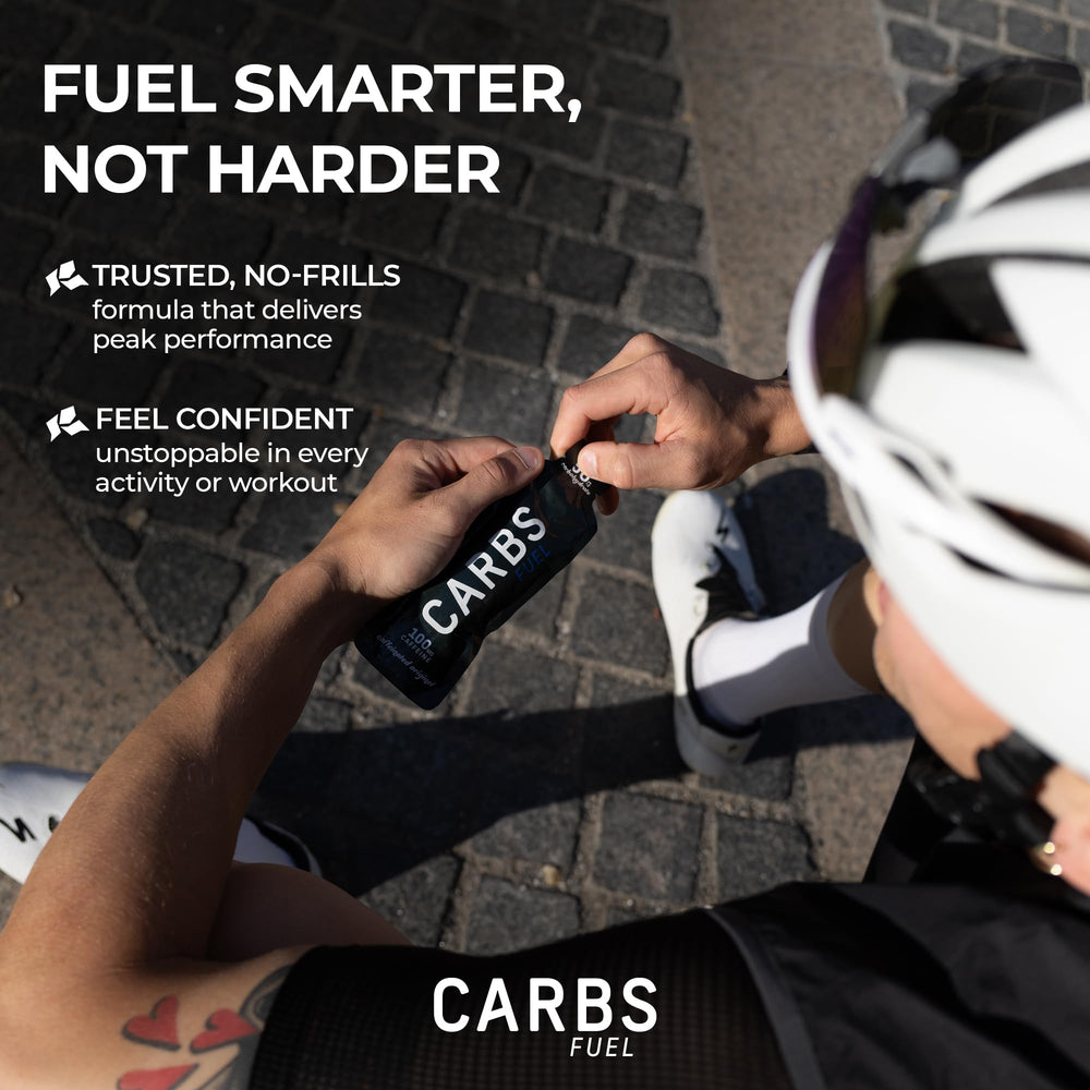 Carbs Fuel caffeinated energy gel in-use running scene showcases convenient fueling.