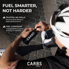 Carbs Fuel caffeinated energy gel in-use running scene showcases convenient fueling.