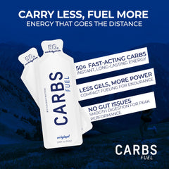 Close view of Carbs Fuel Original 50g gel, easy to digest during long runs.