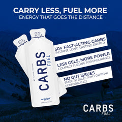 Carbs Fuel Original Energy Gel 55ml label shows 2:1 glucose-fructose blend
