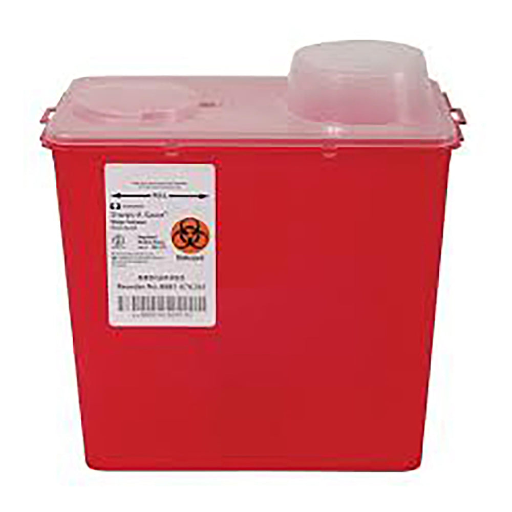 Cardinal Health Monoject biohazardous sharps container with chimney top for safe needle disposal and secure containment.