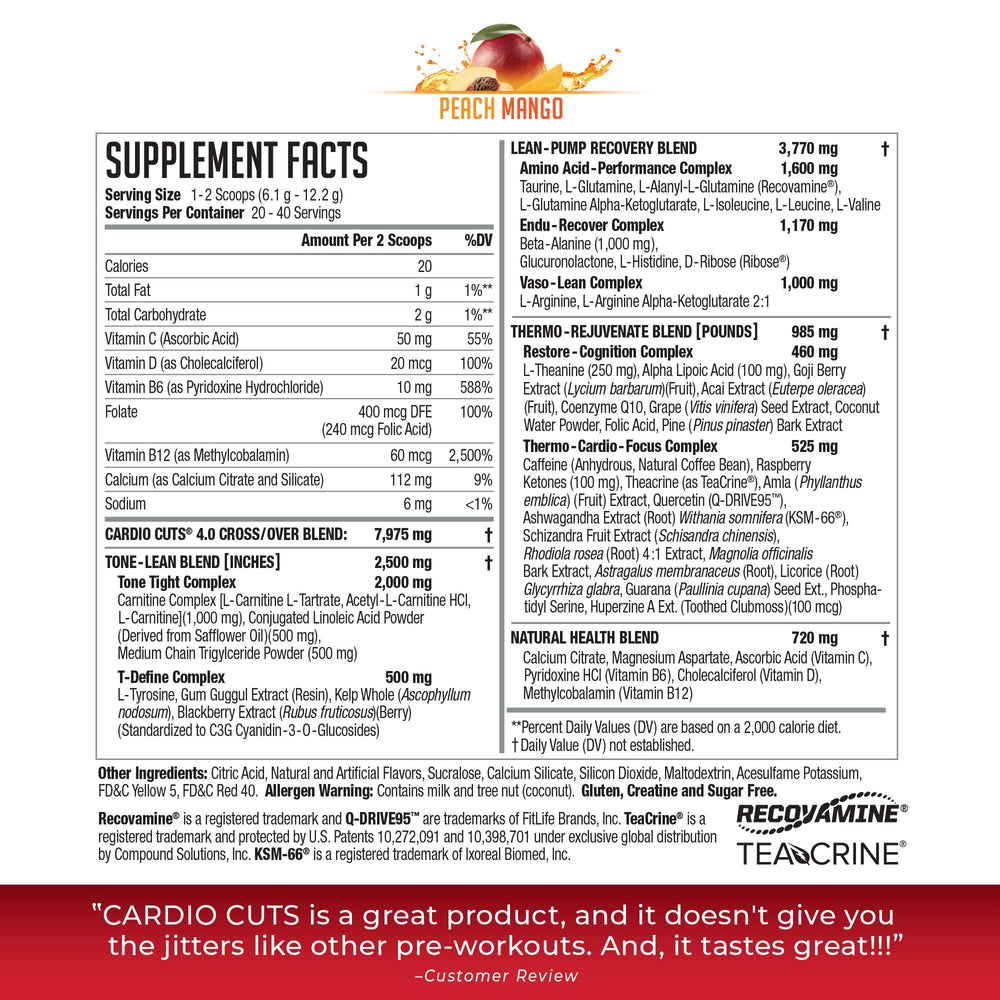 Cardio Cuts Peach Mango packaging shown for keto-friendly pre-cardio use
