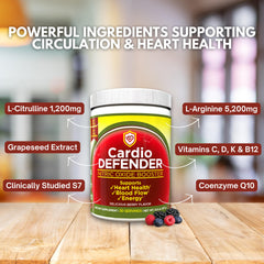 Cardio Defender drink mixed in water, showcasing a bright berry flavor.