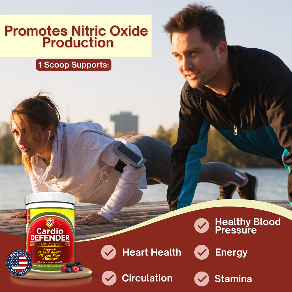 Cardio Defender ingredients label highlights L-Arginine and L-Citrulline benefits.