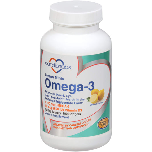 CardioTabs Lemon Minis bottle with easy-to-swallow softgels and vitamin D3 benefits