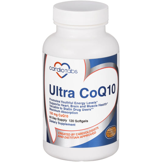 CardioTabs Ultra CoQ10 bottle on shelf, highlighting 150 mg per serving.