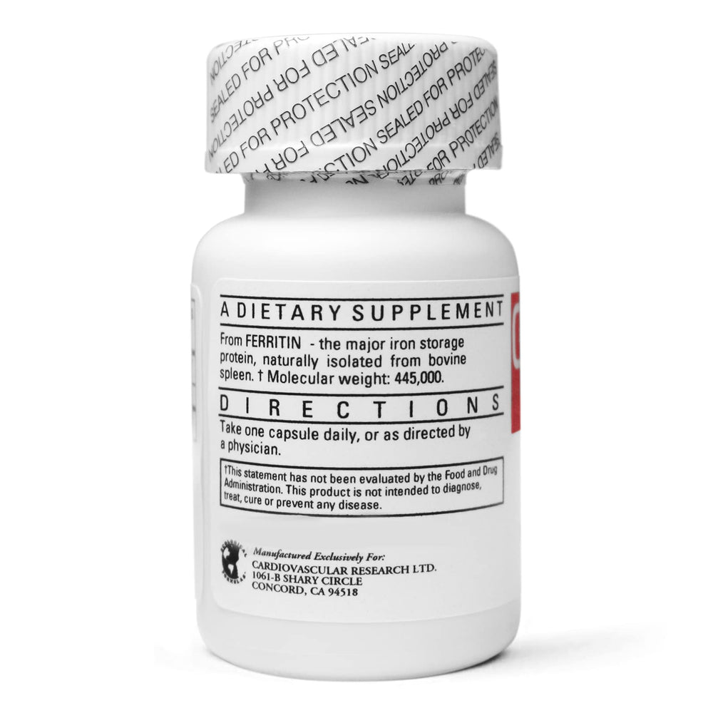 Cardiovascular Research ferritin capsules close-up showing small easy-to-swallow design