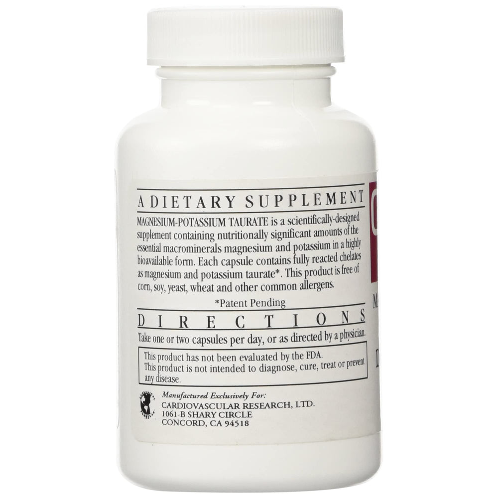 Cardiovascular Research Magnesium-Potassium Taurate capsules ready for easy daily dosing.