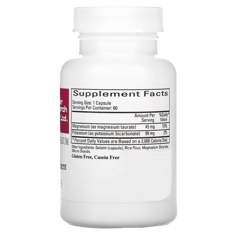 Cardiovascular Research Magnesium-Potassium Taurate label highlights patent-pending formula.