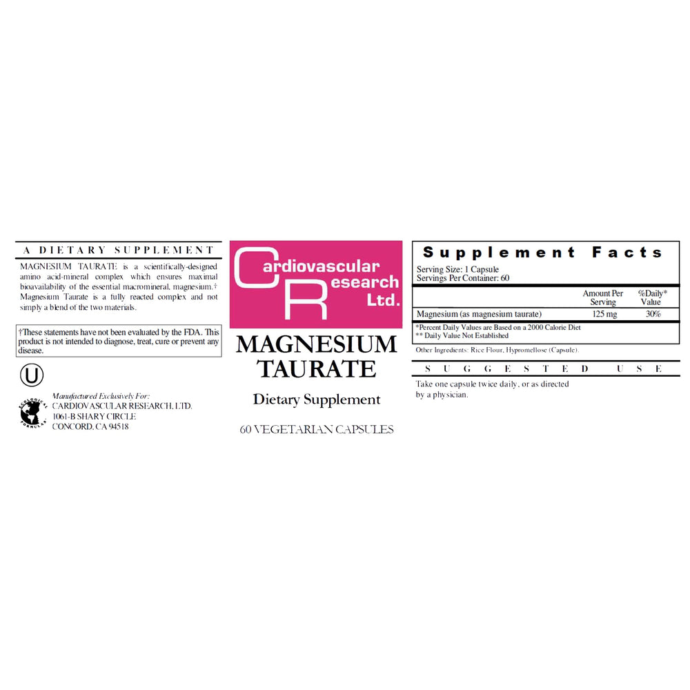 Cardiovascular Research Magnesium Taurate 125 mg box tamper seal emphasizes safety and secure storage.