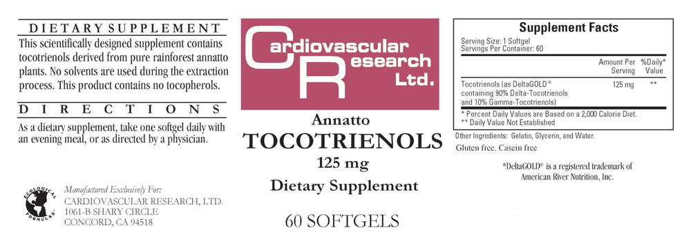 Cardiovascular Research Annatto Tocotrienols packaging shows tamper-strip safety for peace of mind.