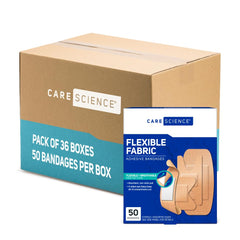 Care Science Fabric Bandages box pack with assorted sizes for versatile protection.
