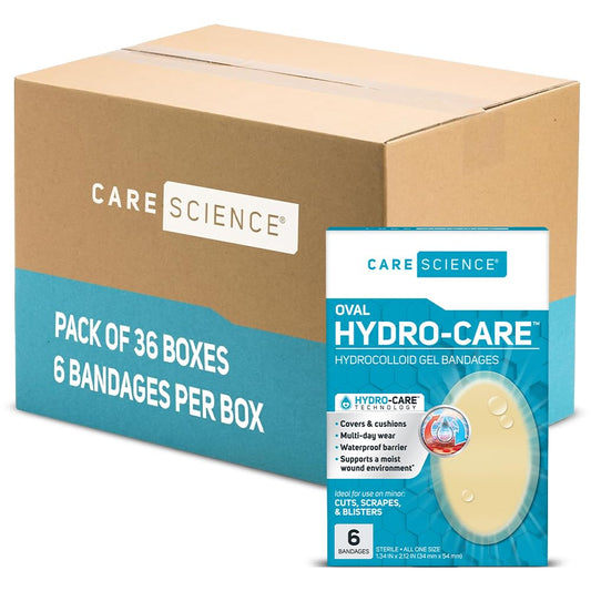 Care Science hydrocolloid oval patch close-up for blister protection on heels and toes.