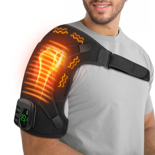 Carecomfi cordless heated shoulder wrap for on-the-go relief.
