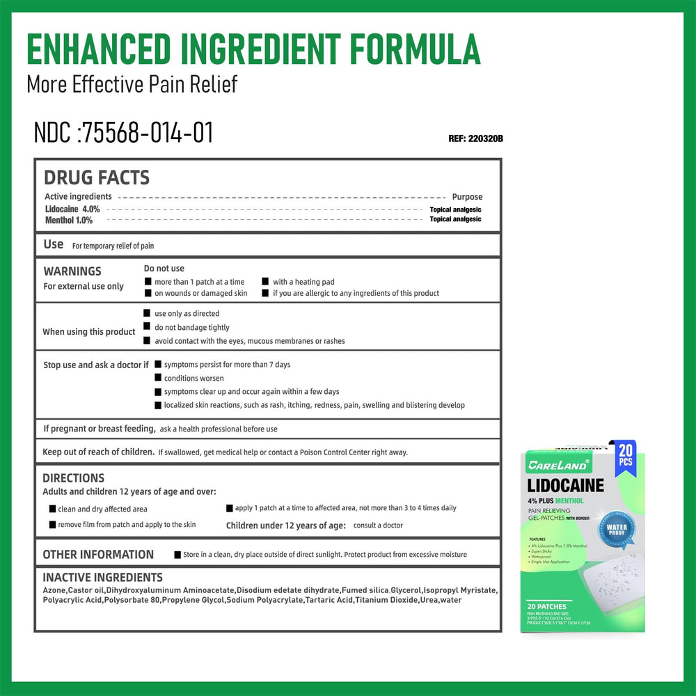 CARELAND lidocaine patch on knee offers long-lasting, non-pill relief.