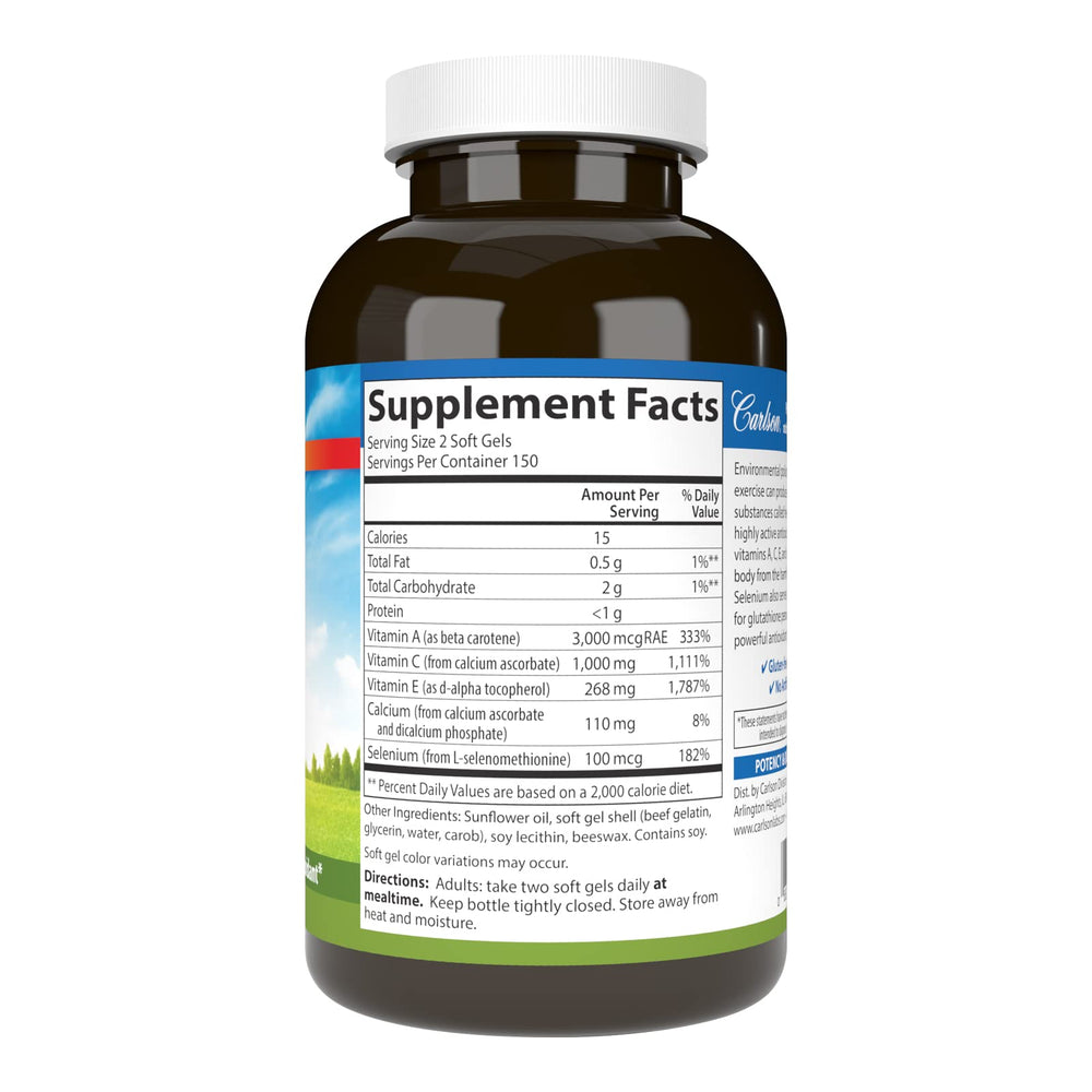 Carlson ACES bottle label close-up emphasizing selenium for cellular health support