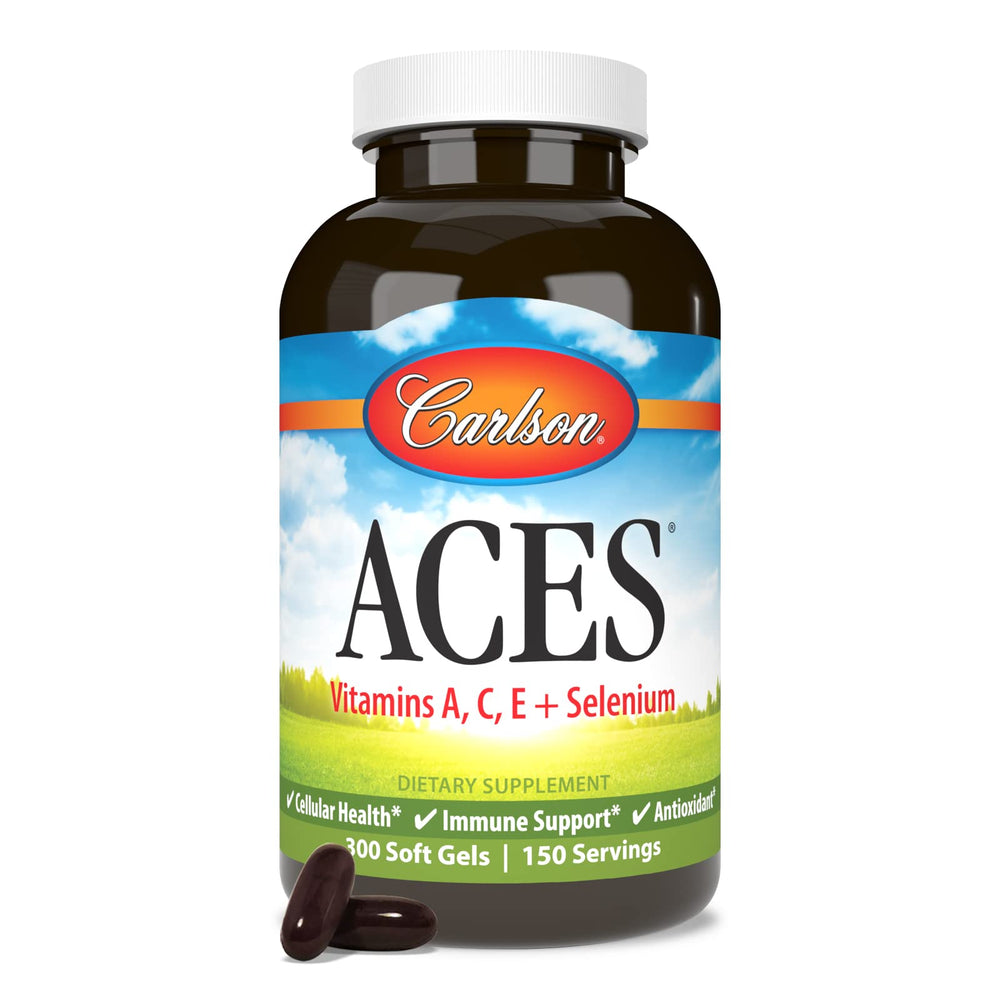Carlson ACES bottle stack showing family-friendly daily supplement routine