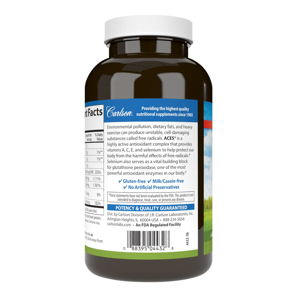 Carlson ACES ingredients panel displays vitamins A, C, E and selenium for cellular health