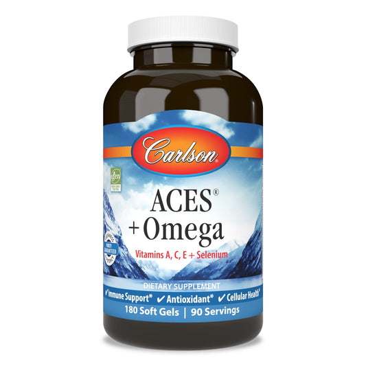 Carlson ACES + Omega bottle pour for easy daily omega-3 support.