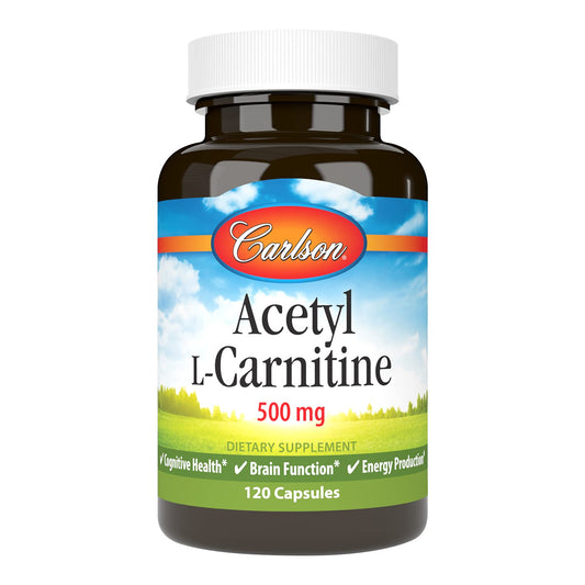 Carlson Acetyl L-Carnitine 500 mg bottle close-up; supports energy production potential.