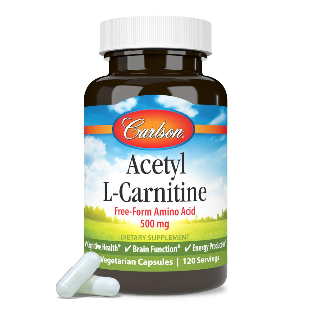 Carlson Acetyl L-Carnitine bottle with glass; ideal morning routine companion.