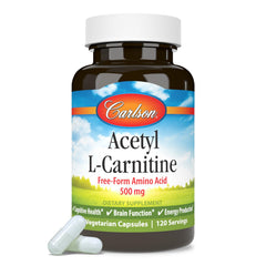Carlson Acetyl L-Carnitine bottle with glass; ideal morning routine companion.