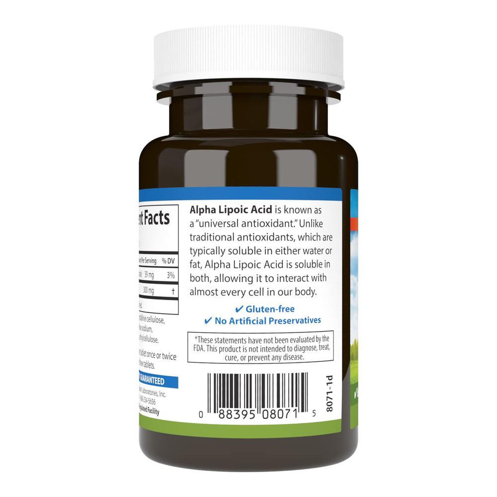 Carlson Alpha Lipoic Acid bottle front label shows potency and quality.