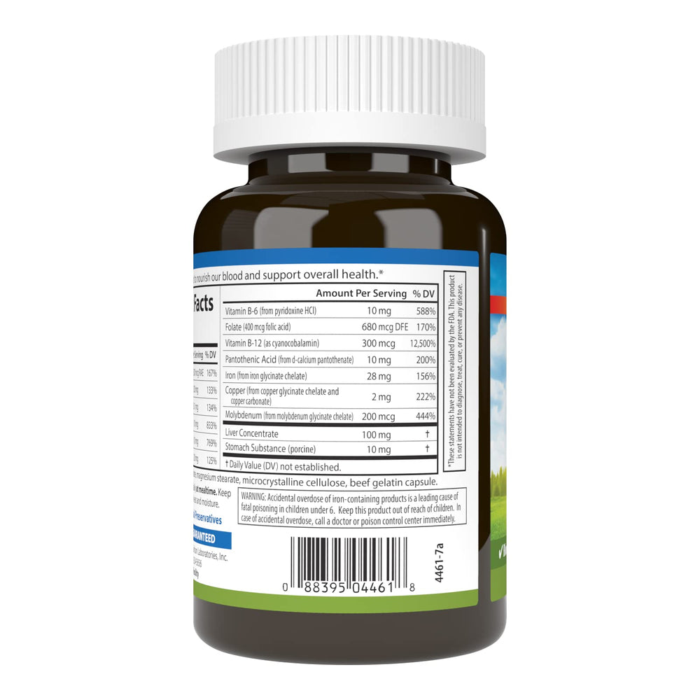 Carlson Blood Nutrients bottle label highlights potency and quality guarantee
