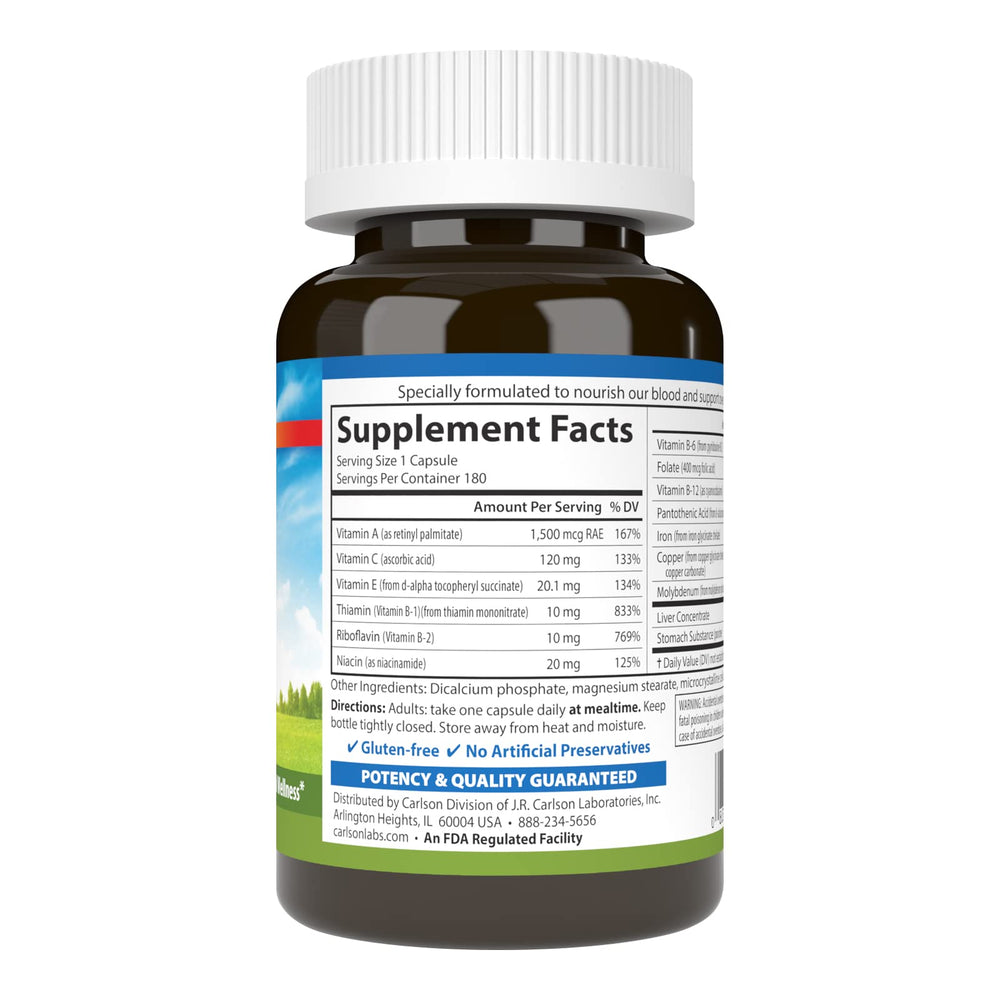 Carlson Blood Nutrients capsules close-up suggesting daily wellness support