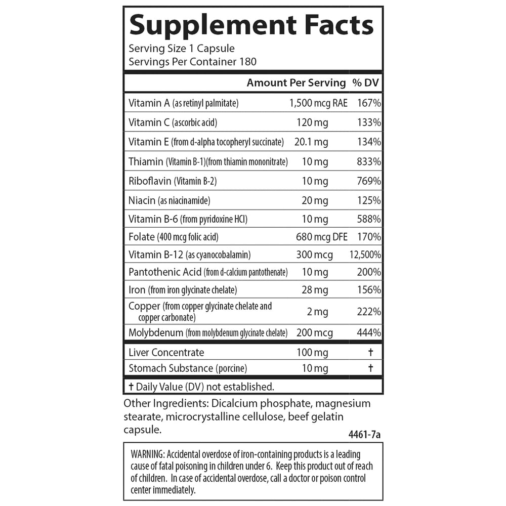 Carlson Blood Nutrients ingredients blend featuring vitamins, minerals, and hemoglobin
