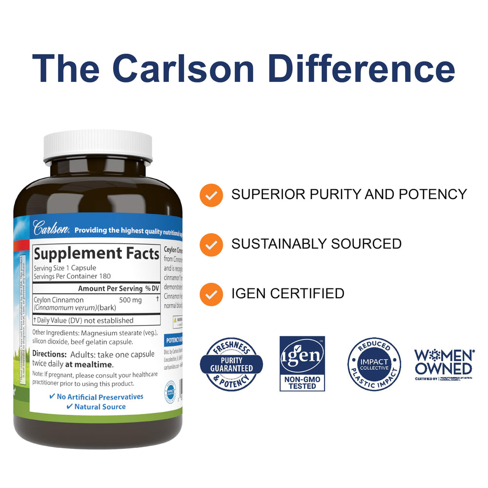 Close-up of Carlson Ceylon Cinnamon label highlighting True cinnamon from Cinnamomum verum.