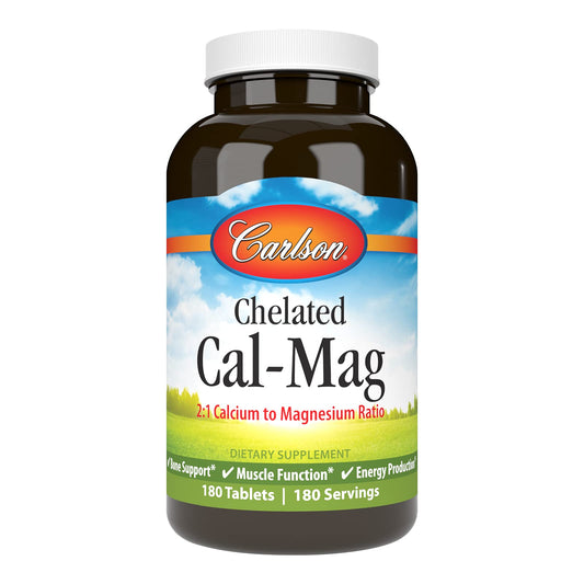 Carlson Chelated Cal-Mag bottle shown for mineral supplementation.