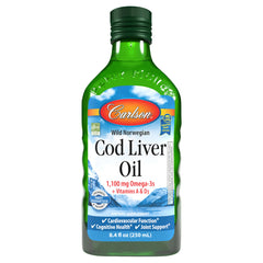 Carlson cod liver oil bottle front view showing the 1100 mg formulation for daily omega-3 intake
