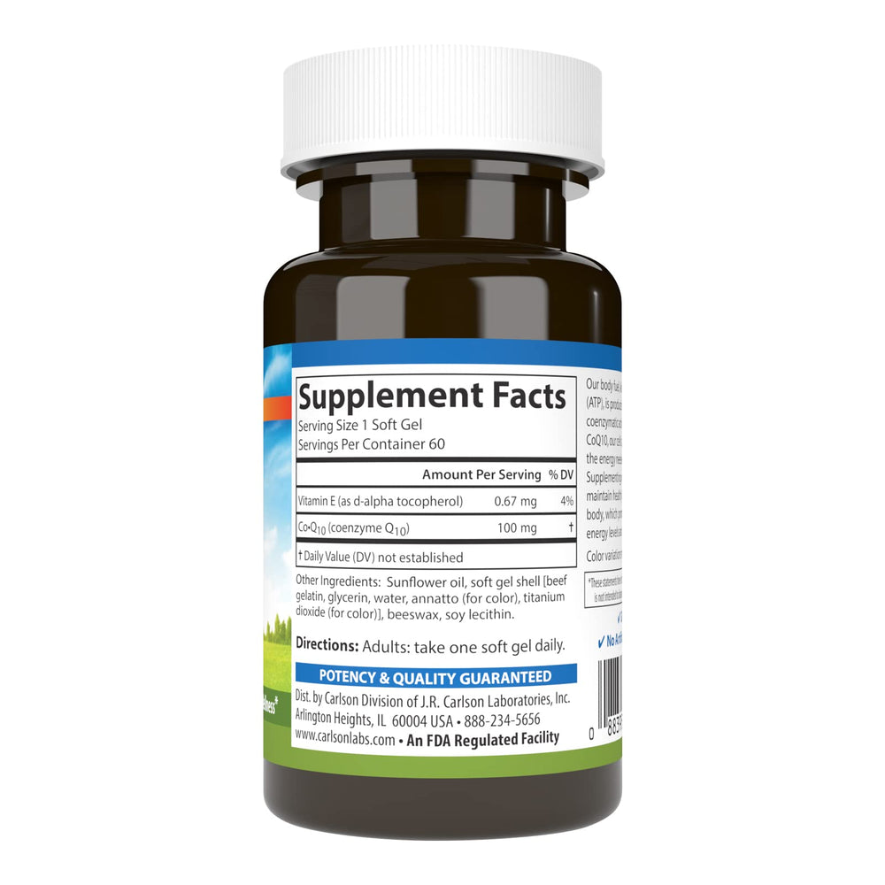 Carlson CoQ10 softgels closeup highlighting 100 mg dosage.