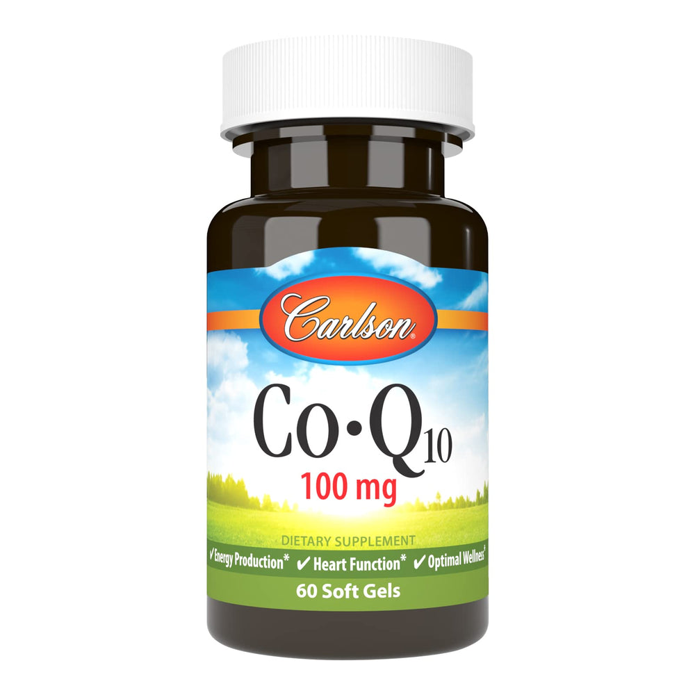 Carlson CoQ10 softgels on bottle front showing energy production support.