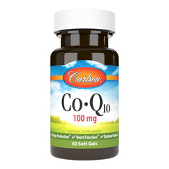 Carlson CoQ10 softgels on bottle front showing energy production support.