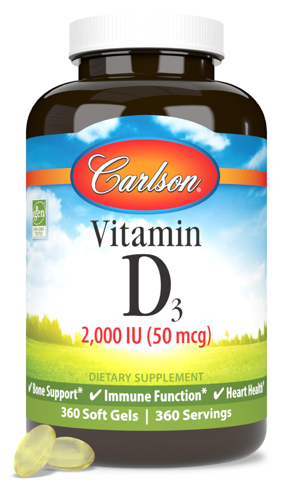 Carlson D3 2000 IU bottle shown for daily use and routine support