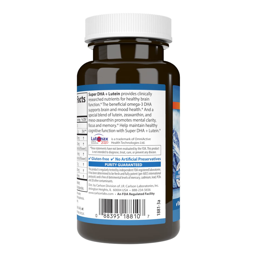 Carlson DHA Plus Lutein softgels close-up showing capsules