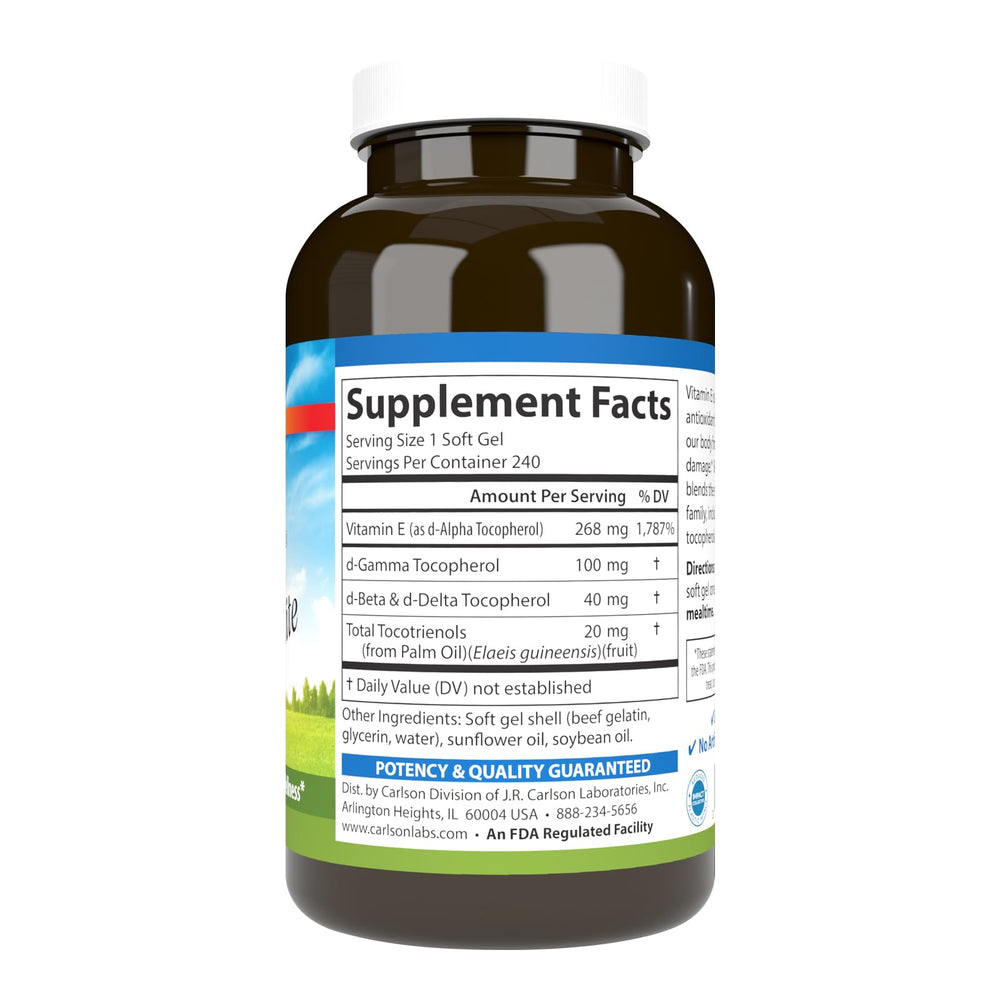 Carlson E-Gems Elite bottle back label highlights potency and blend of tocopherols and tocotrienols
