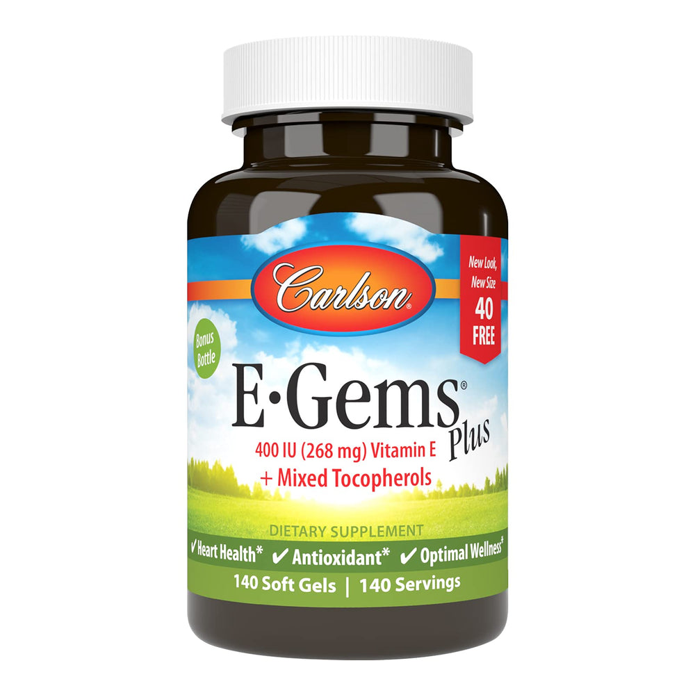 Carlson E-Gems Plus bottle front showing 140 soft gels for daily wellness