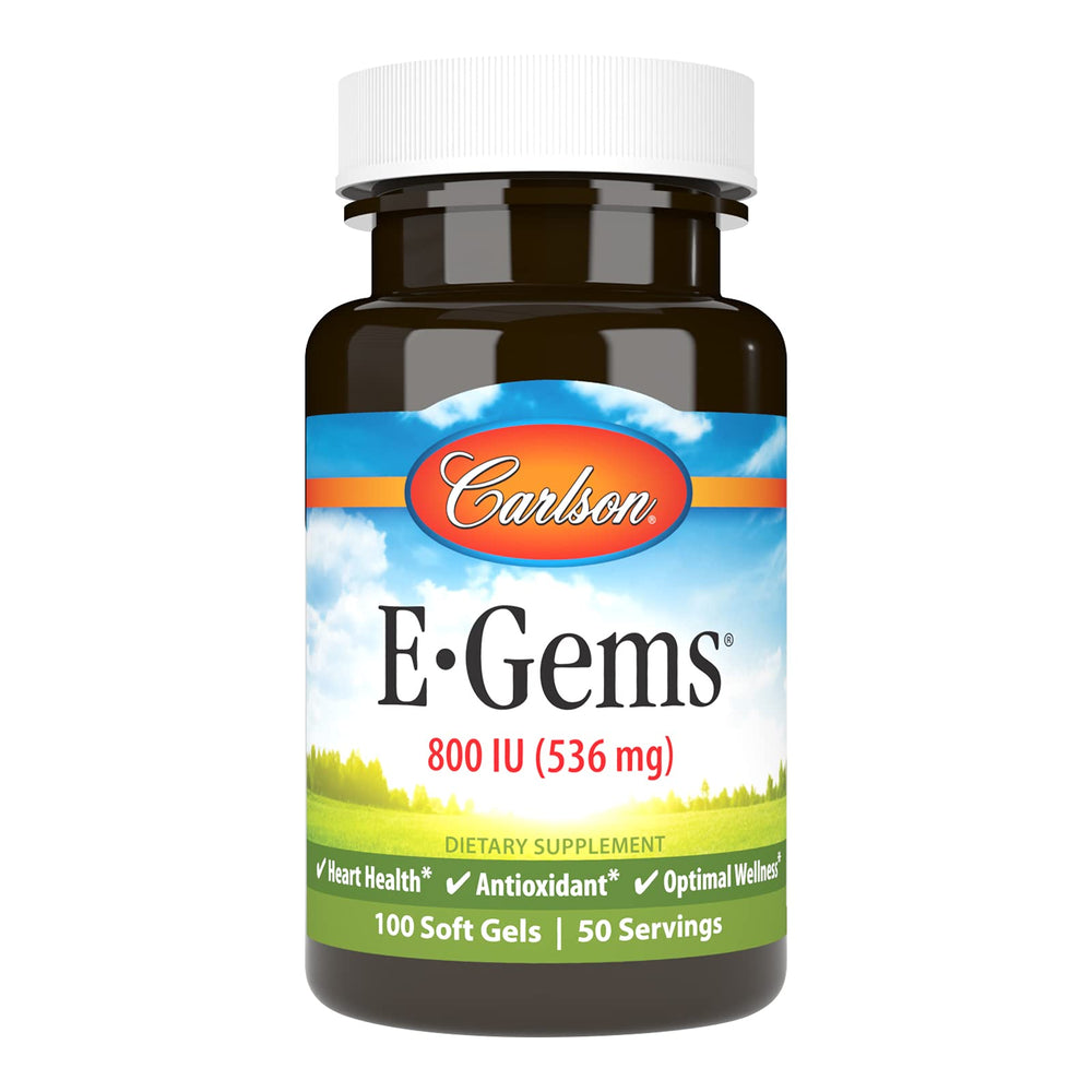 Carlson E-Gems 800 IU bottle front with natural-source vitamin E for daily wellness