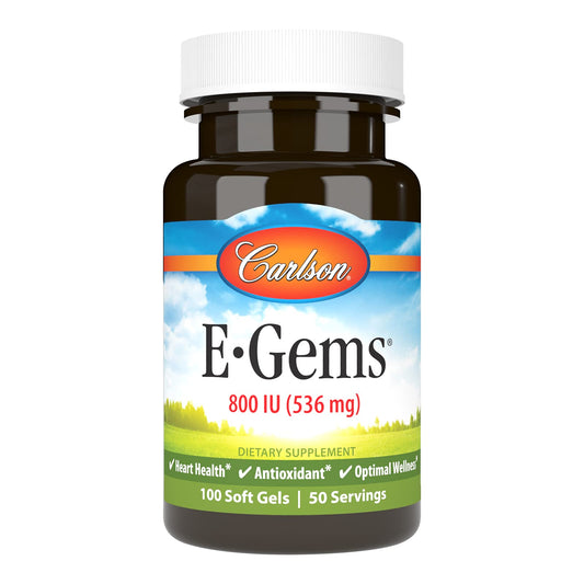 Carlson E-Gems 800 IU bottle front with natural-source vitamin E for daily wellness