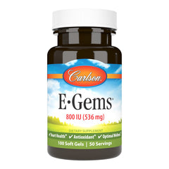 Carlson E-Gems 800 IU bottle front with natural-source vitamin E for daily wellness